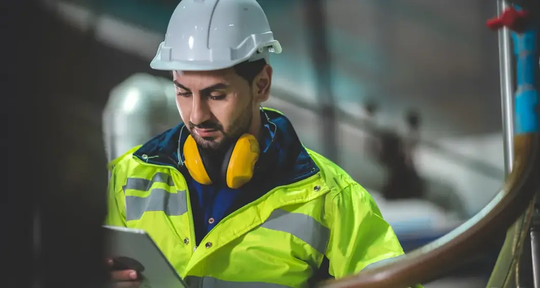 Profissional com colete de segurança usando tablet na planta