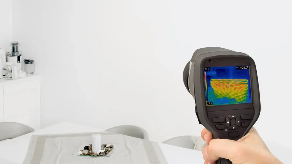 Mão segurando câmera termográfica apontada para parede de ambiente interno