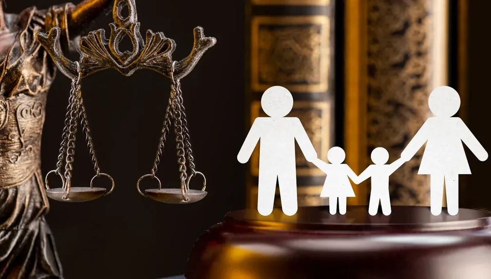 Símbolo da justiça junto a uma silhueta de família em papel